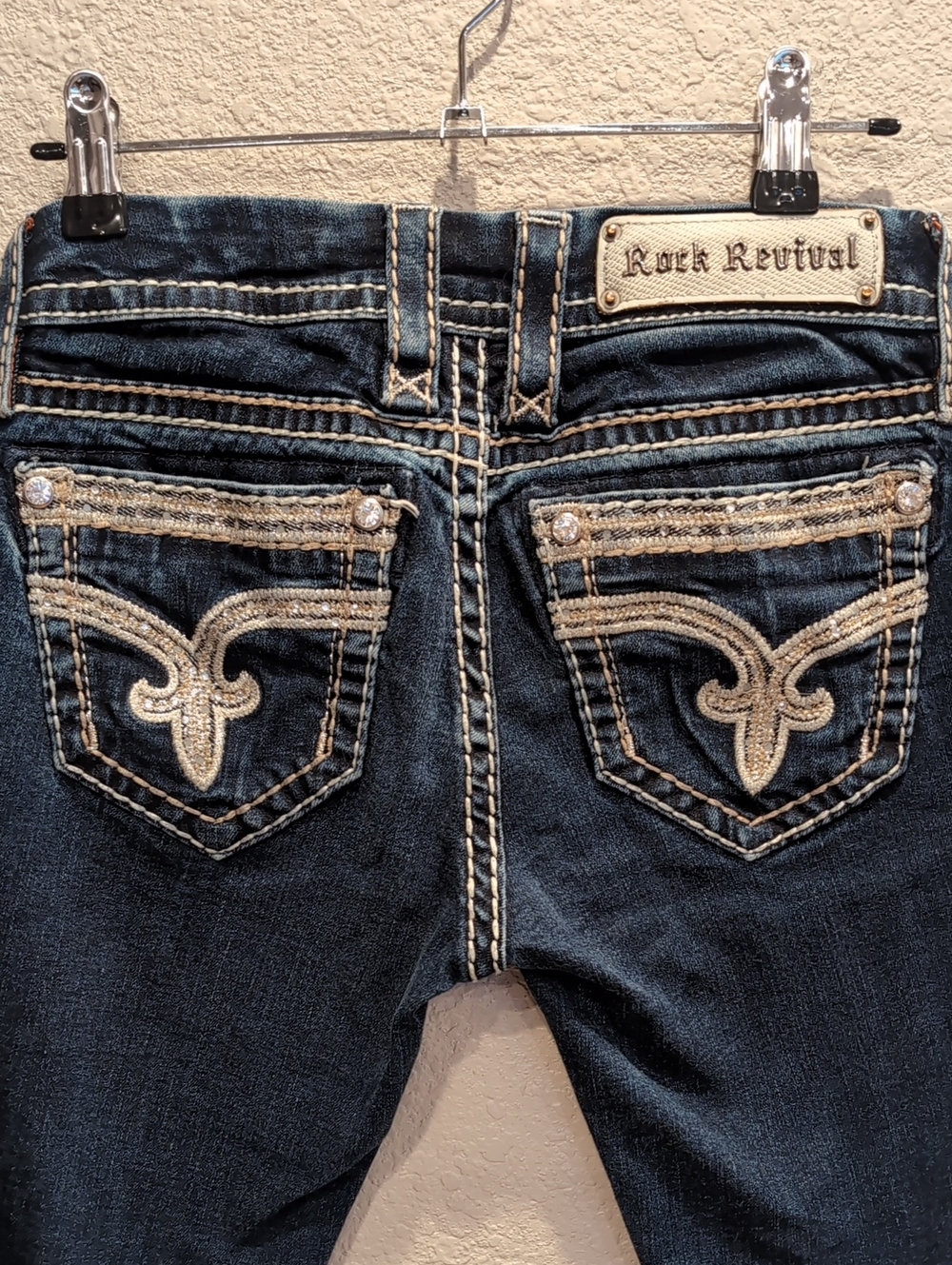 Rock Revival Dark Indigo Jeans with Cream Embroidered Pockets